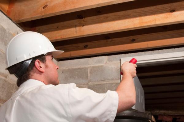 An exterminator or pest co<em></em>ntrol agent looking at eaves in the ceiling of a ba<em></em>sement or attic